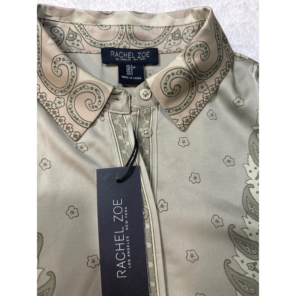 Rachel Zoe Paisley Button Down Blouse Womens Small Sage Green NWT Long Sleeve - Picture 2 of 5